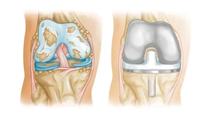 Illustration of an arthritic knee next to a knee with a replacement